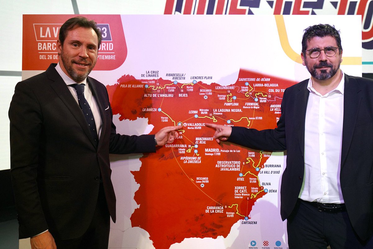 AyuntamientoVLL's tweet photo. 🚴🏻 @lavuelta celebrará en Valladolid una contrarreloj individual.

Será la décima etapa, en el ecuador de #LaVuelta23 con un recorrido 100% urbano en la ciudad.

El alcalde, @oscar_puente_ y el concejal @alberbustos asisten a la presentación en Barcelona. https://t.co/T85HLup5Yg