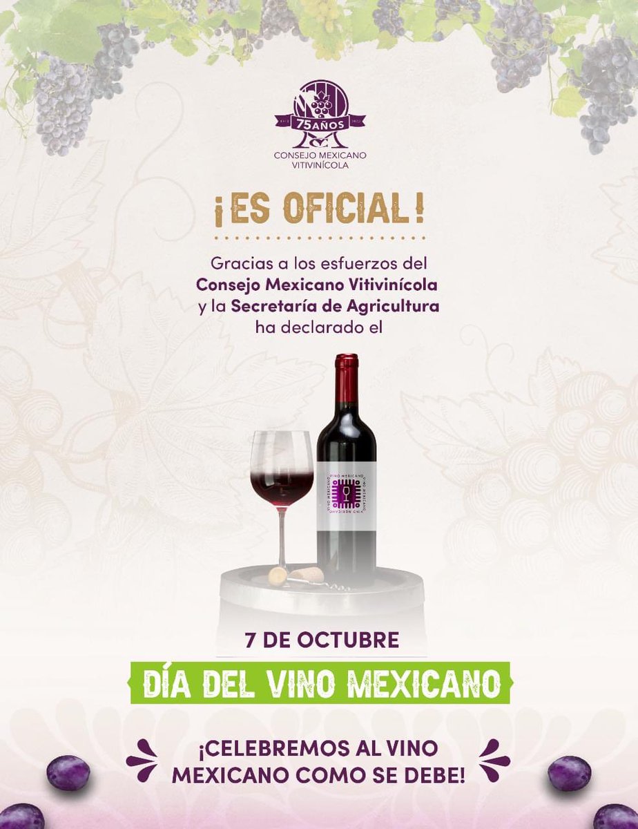 Escuela Mexicana de Sommeliers (@sumillersdemex) on Twitter photo ¡Que gran noticia! Se declara el día 7 de octubre de cada año como "Día del Vino Mexicano". Celebremos con orgullo este gran momento para la industria vitivinícola de México. 🥳🍾🥳
📸 Crédito de fotografía <a href="/cmv_mx/">Consejo Mexicano Vitivinícola</a>
#vinomexicano ¡Que gran noticia! Se declara el día 7 de octubre de cada año como "Día del Vino Mexicano". Celebremos con orgullo este gran momento para la industria vitivinícola de México. 🥳🍾🥳
📸 Crédito de fotografía <a href="/cmv_mx/">Consejo Mexicano Vitivinícola</a>
#vinomexicano