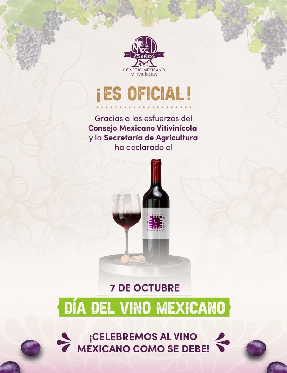 ¡Que gran noticia! Se declara el día 7 de octubre de cada año como 'Día del Vino Mexicano'. Celebremos con orgullo este gran momento para la industria vitivinícola de México. 🥳🍾🥳 

📸 Crédito de fotografía @cmv_mx 

#vinomexicano