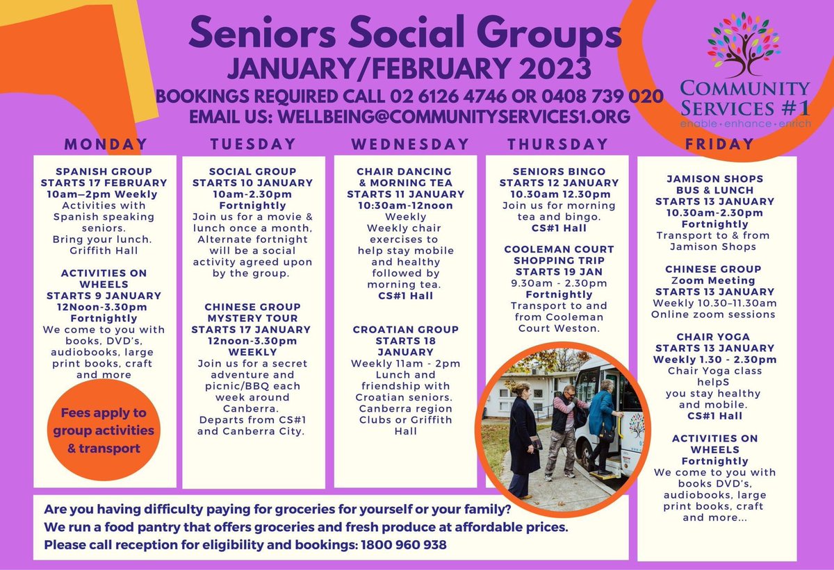What is happening in January &amp; February <a href="/CS1Canberra/">CommunityServices#1</a>  #seniors #groups #CBR #community
