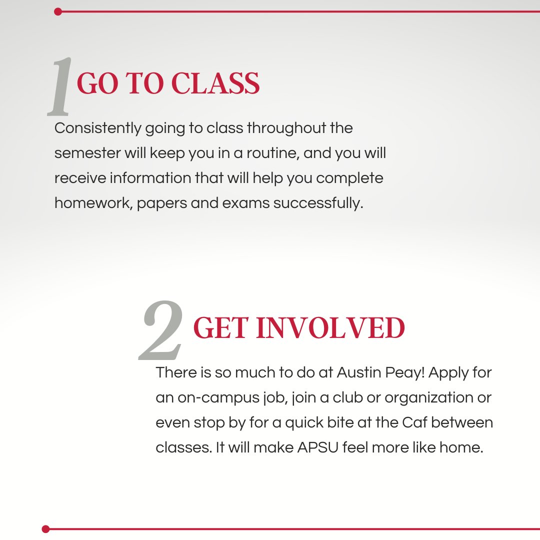 APSUeduc's tweet photo. Welcome back! Scroll through these tips for a successful semester. Share these with a friend to keep you accountable along the way. 

#austinpeay #studentsuccess #govsteach #collegetips https://t.co/JiouC4hCLC