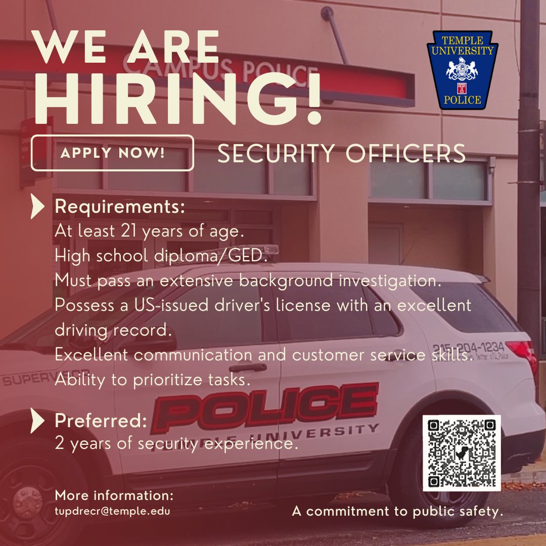 TU_Police's tweet photo. We are hiring for multiple security officer positions. Security Officers are key team members that help keep our community safe and work directly with our police officers and communications team every day. We are looking for hard-working, dedicated, and enthusiastic teammates. https://t.co/vH6WVFAoCX