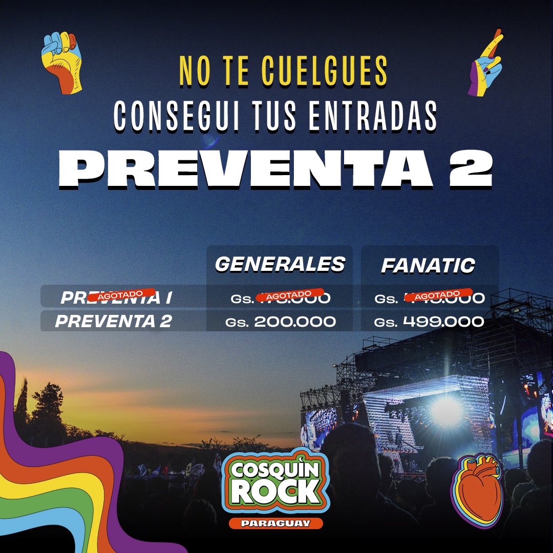 CosquinRockPy's tweet photo. Antes que termine el martes acordate, la PREVENTA 2 sigue ACTIVADA, NO TE CUELGUES! 🗣️💥👀. Cada vez somos mas en la comunidad #CRPY23 y todavía podes ser parte🤘

🎫Entradas en @ticketeapy

El soundtrack del día es #DanceCrip de @trueno 🔥 https://t.co/MwoX7xJdbf