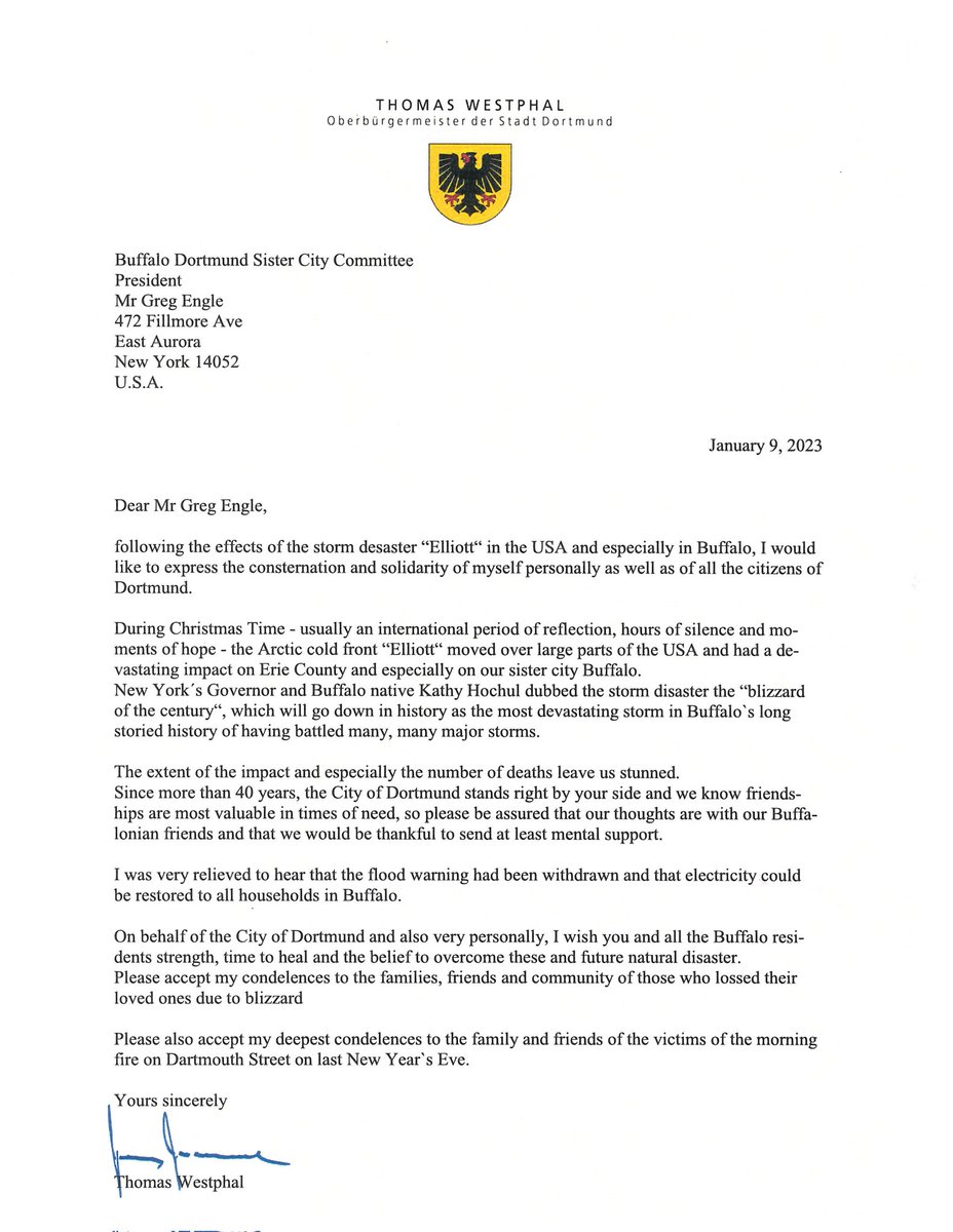 Thank you Oberbürgermeister Westphal for your recent letter to the citizens in your Sister City of Buffalo. <a href="/stadtdortmund/">Stadt Dortmund</a> <a href="/GermanyinUSA/">German Embassy Washington</a> <a href="/SisterCitiesInt/">Sister Cities International</a> <a href="/GermanyDiplo/">GermanForeignOffice</a> <a href="/GermanyNY/">German Consulate General NY</a> <a href="/MayorByronBrown/">Byron W. Brown</a>