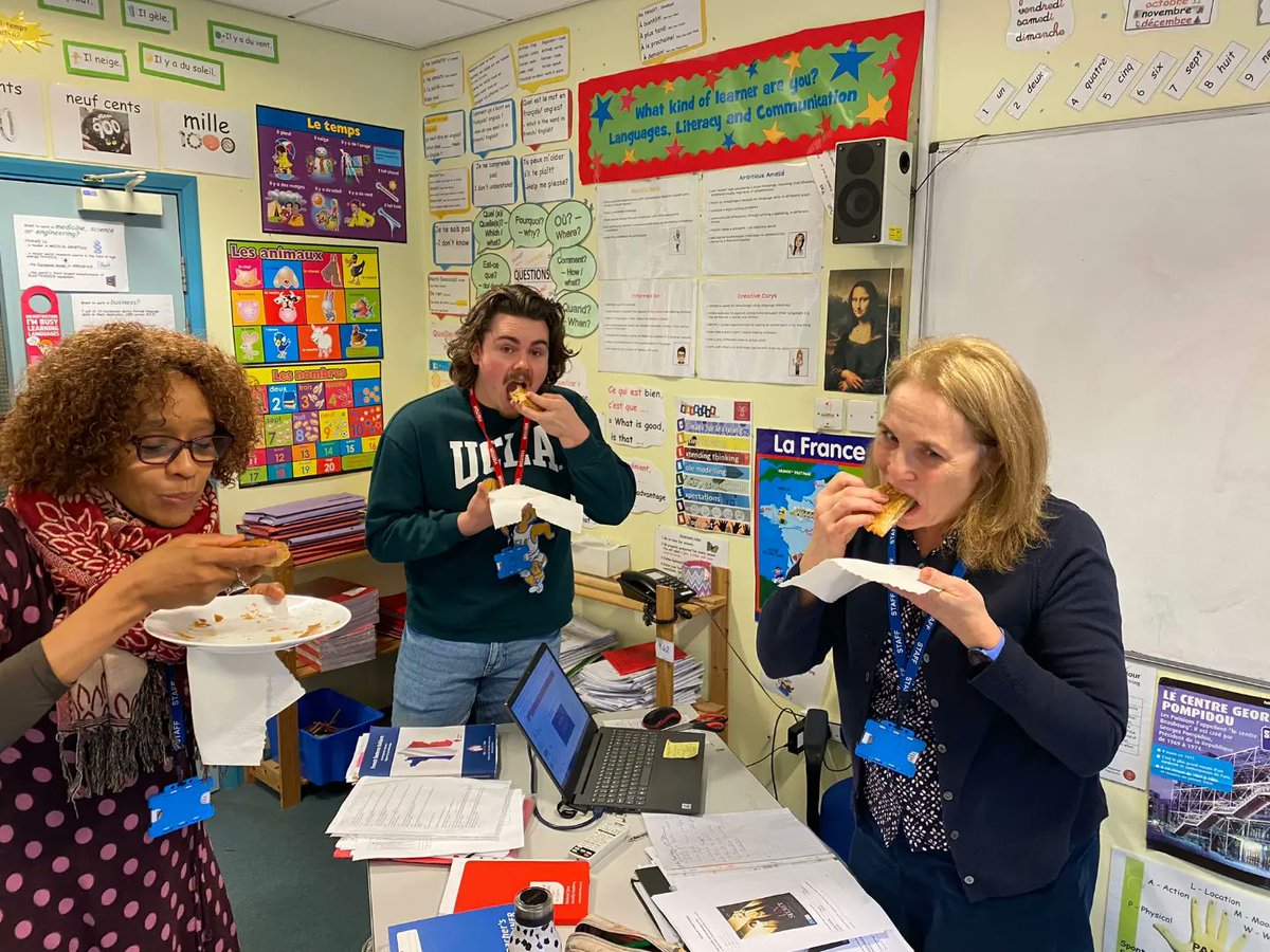 CaerleonComp's tweet photo. The International Languages Department celebrated a very French tradition today, « Galette des Rois » (albeit a few days late as it should happen on 6th January, Epiphany). 👏🏻 to Mme Koubou for finding the fève. #maximisingpotential #authenticlearningexperience #frenchculture https://t.co/clczKZdeya