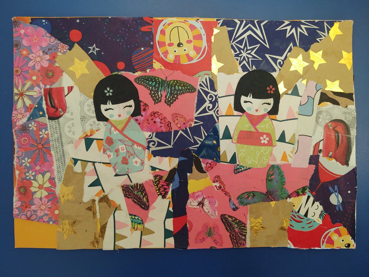 CM2Cedric's tweet photo. Bonjour les @GS_Pignan
Nous aimons beaucoup votre carte🥰Votre collage est magnifique avec les petits papillons et les deux personnages🦋🎎The little cat on the cover is very cute!😻Thank you! Merci et bonne année!🎉Emory #Defitwitt @twidefis https://t.co/l3AzefXd02