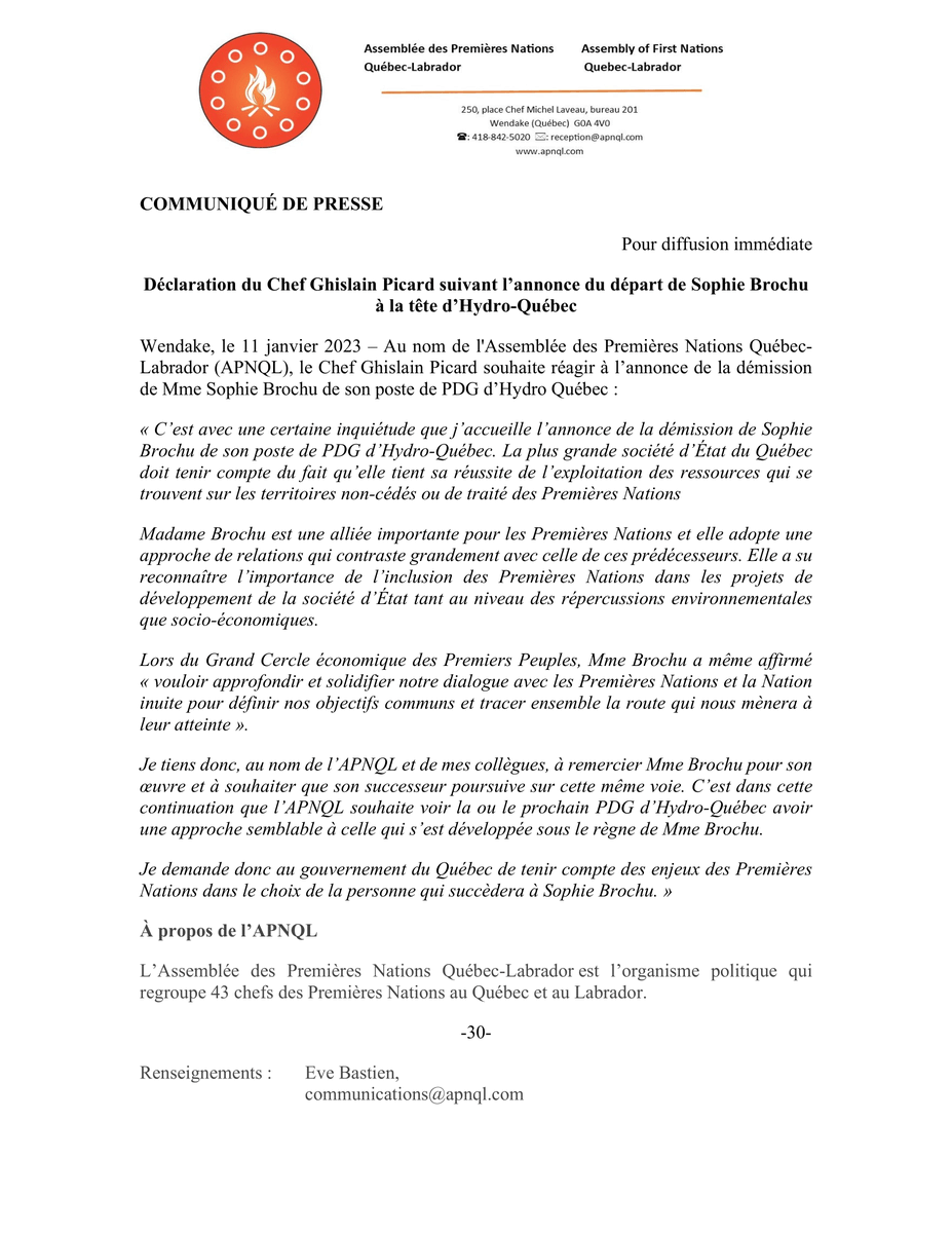 SEIZE03_fil's tweet photo. Communiqué : Déclaration du Chef Ghislain Picard suivant l'annonce du départ de Sophie Brochu à la tête d'Hydro-Québec 

@hydroquebec  @apnql  

#polqc #hydroquebec #APNQL #Autochtones #départ #alliés https://t.co/0sZzqIhQ2w