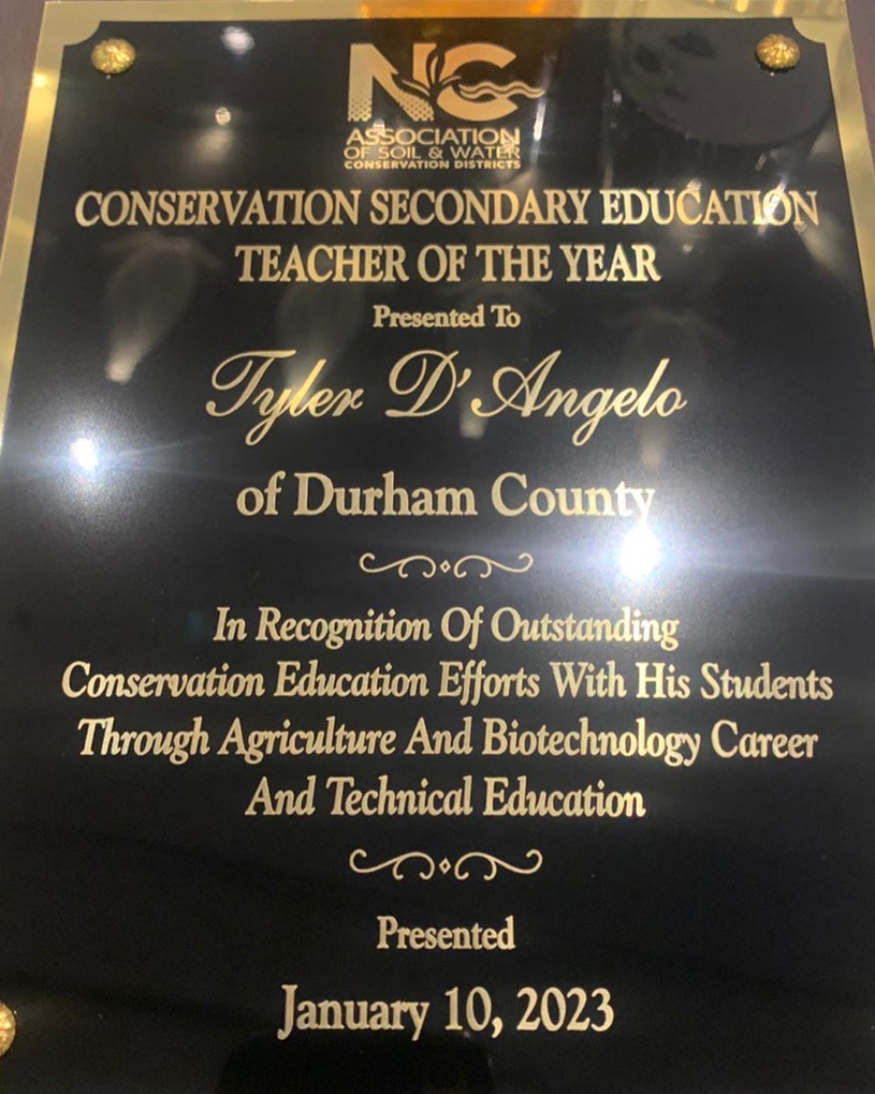 Tyler__DAngelo's tweet photo. Last night I was recognized as the Secondary Teacher of the Year by the NC Association of Soil & Water Districts! I was able to share on how we can better strengthen partnerships w/ Agriculture Eduction programs across the state. @dpscte @Carrington_DPS @JHSFalcons @NCFFA https://t.co/m3lcU7FndY
