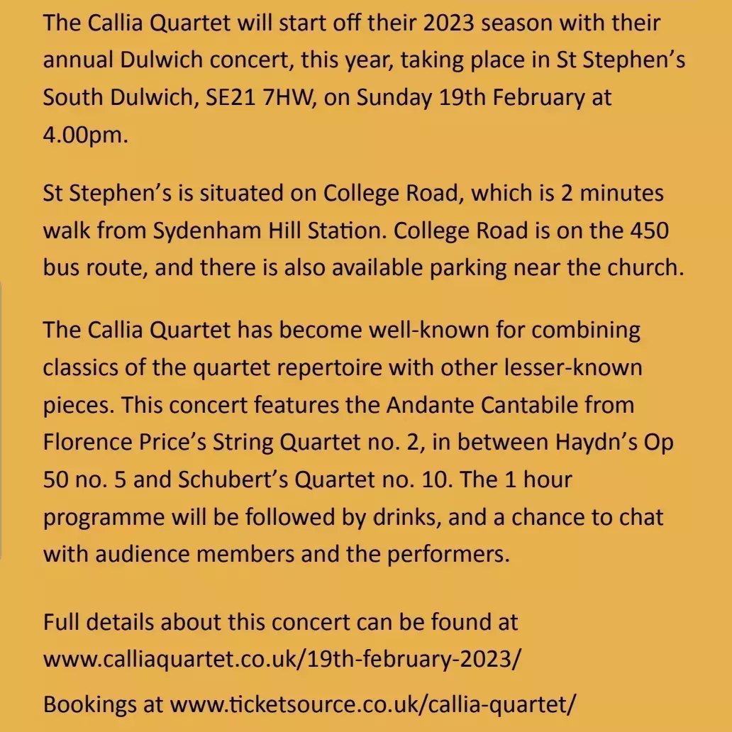 CalliaQ's tweet photo. https://t.co/tutW4A1R8z publicity is out for our next concert. Please do join us at St Stephen's church, South Dulwich SE21 7HW. 19th February 4.00pm. A programme of Haydn, Schubert, and Florence Price. 
Kindly supported by @Bronsens and @StringersLondon . Drinks afterwards. https://t.co/GafvNBHX1g