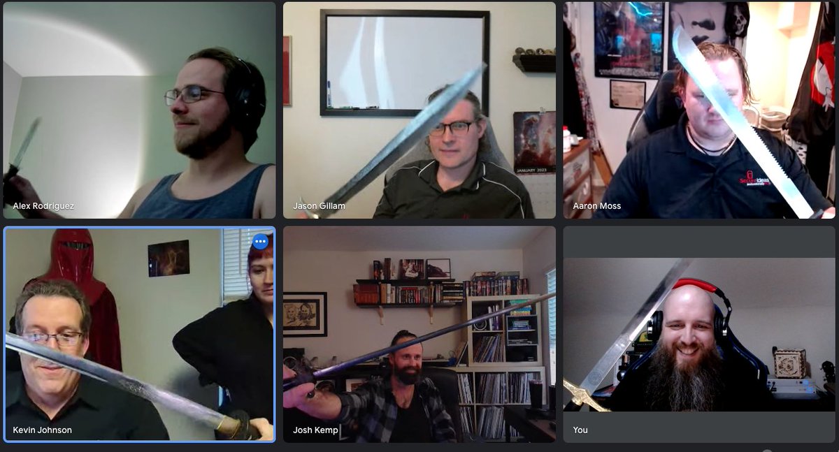 When a coworker gets a sword for his birthday &amp; everyone else on the call mentions they happen to have a sword within reach as well.  #nerds <a href="/secureideas/">Kevin Johnson - Same on the Blue site. :)</a> <a href="/hotdogggitty/">Aaron Moss - Hotdog</a> <a href="/RonJonArod/">Alex</a> <a href="/JGillam/">Jason Gillam</a>