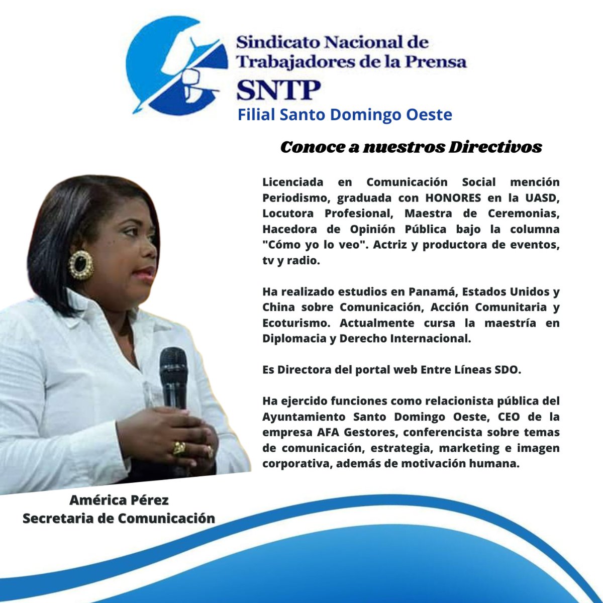 sntpsdo's tweet image. Conoce a nuestros directivos.

Ella es América Pérez, Secretaria de Comunicación de la Filial SDO del SNTP.

#SNTP
#FilialSDO