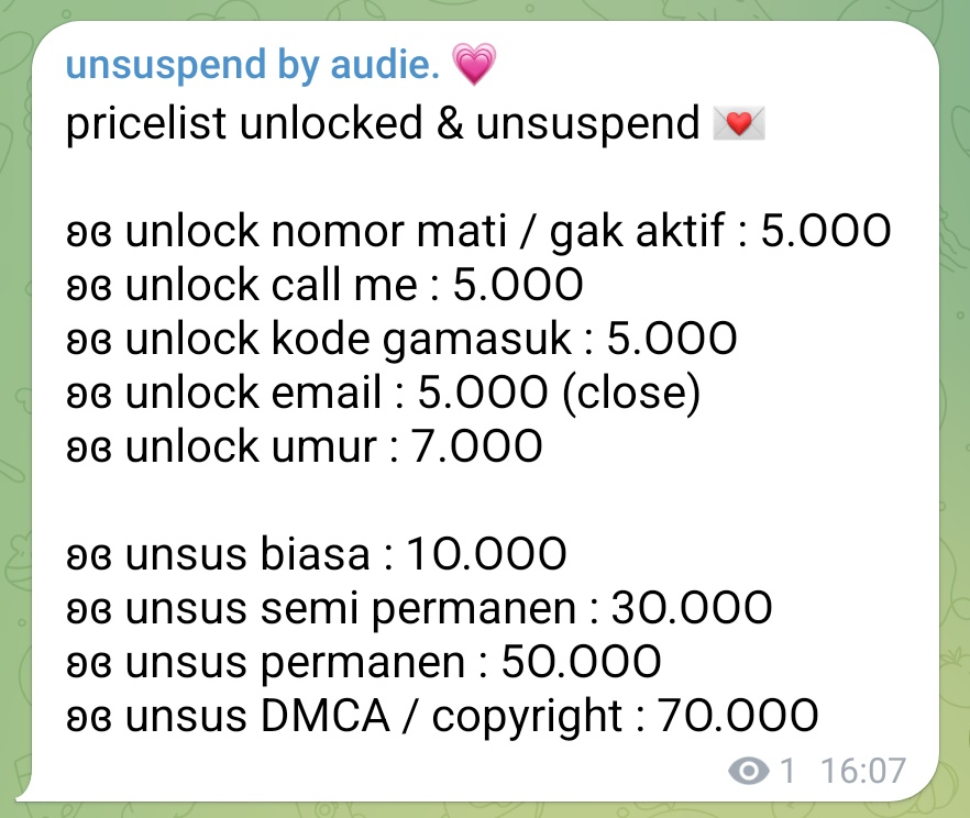 auduie's tweet photo. hi hi! kalian cari jasa unsus dan unlock akun? aku bisa bangeet! payment bisa all e-wallet (QRIS) yaa, bisa cek testi terbaru disini 😻❤️‍🔥 https://t.co/kG9xmOcXgy
#zonauang #zonaba #zonajajan https://t.co/KRtss6TW2n