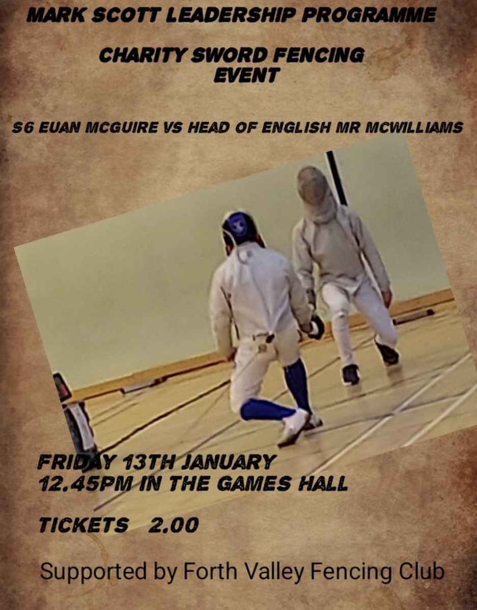 Attention Pupils 🚨One of our S6 pupils, Euan will be hosting a charity fencing event this Friday at lunchtime His opponent will be Mr McWilliams 😱 Tickets to watch the match are being sold at break and lunch time this week in the social space priced £2 ⭐️Not one to be missed ⭐️