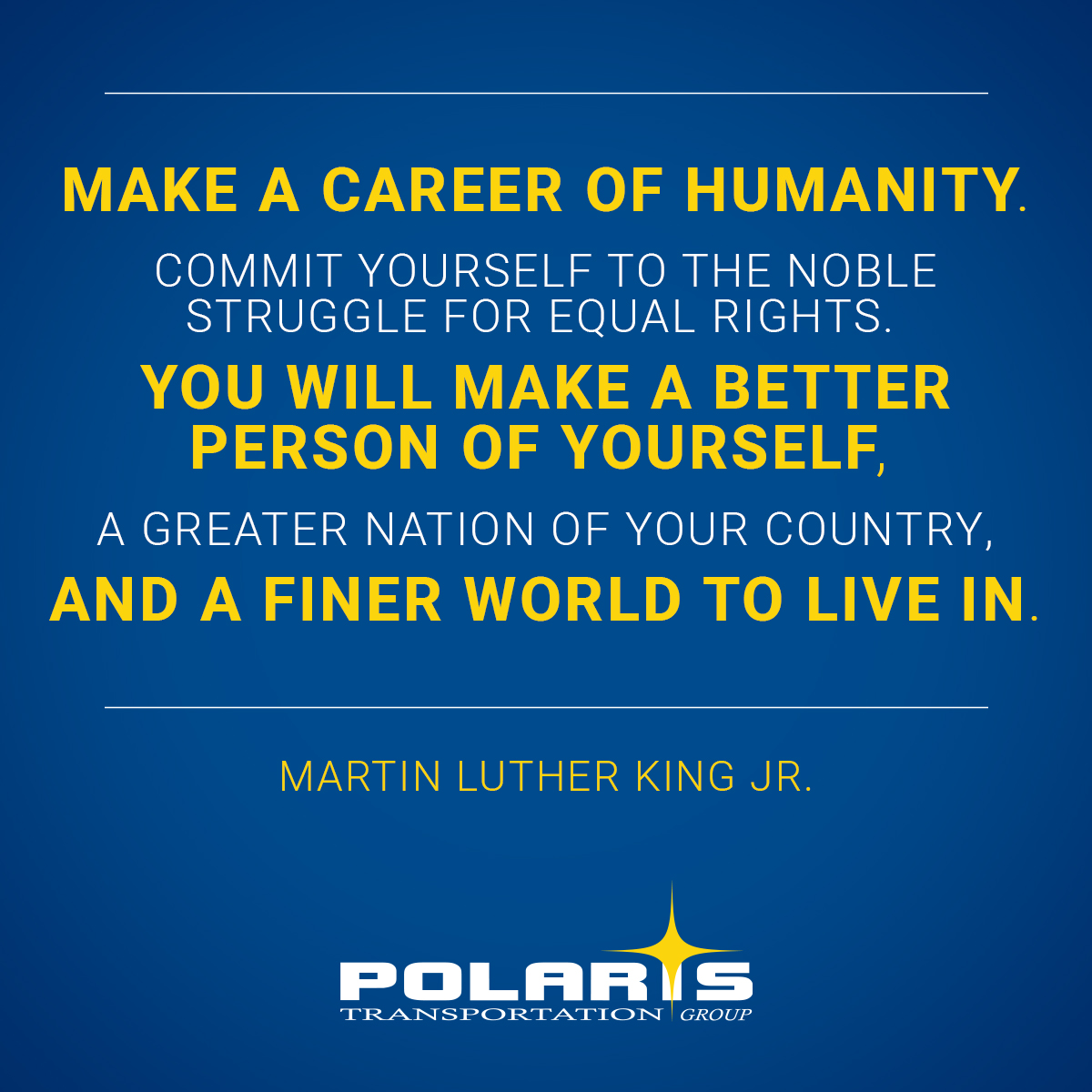 PolarisTrans's tweet photo. Today we are reminded to do our part to make the world a better place.
Be kind, stand up for what's right and never give up.
#MartinLutherKingJrDay
#CrossBorderPros https://t.co/0P1b01Kp0R