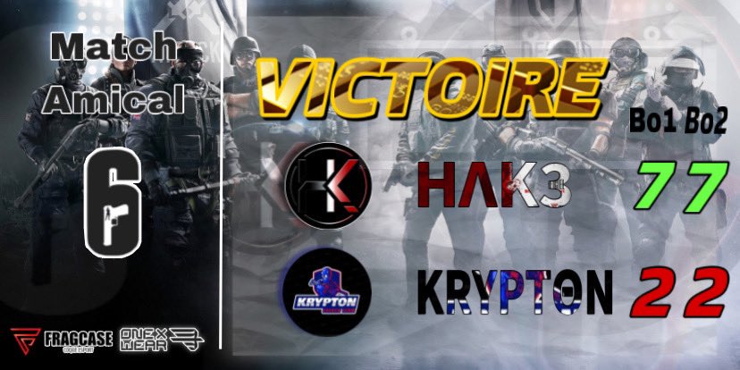 🏆 Résultat Match amical 🤝

Ce soir 21h30 en BO2 
sur Café et Villa

<a href="/Hak3Off/">𝗛𝝠𝗞𝟯 Officiel</a> 🆚 @Team_Krypton08 

❌ Pas de Cast 

Bien jouer a l’équipe adverse 👏