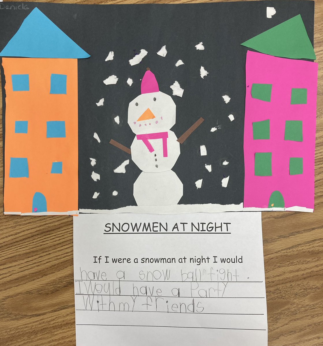 After we read, Snowmen at Night, we were inspired! We reinforced fine motor skills by cutting and tearing. We used our knowledge of shapes and colors to create a winter neighborhood. Finally we wrote about the adventures we would  embark on as snowmen at night <a href="/haycockcougar/">Haycock Elementary</a>