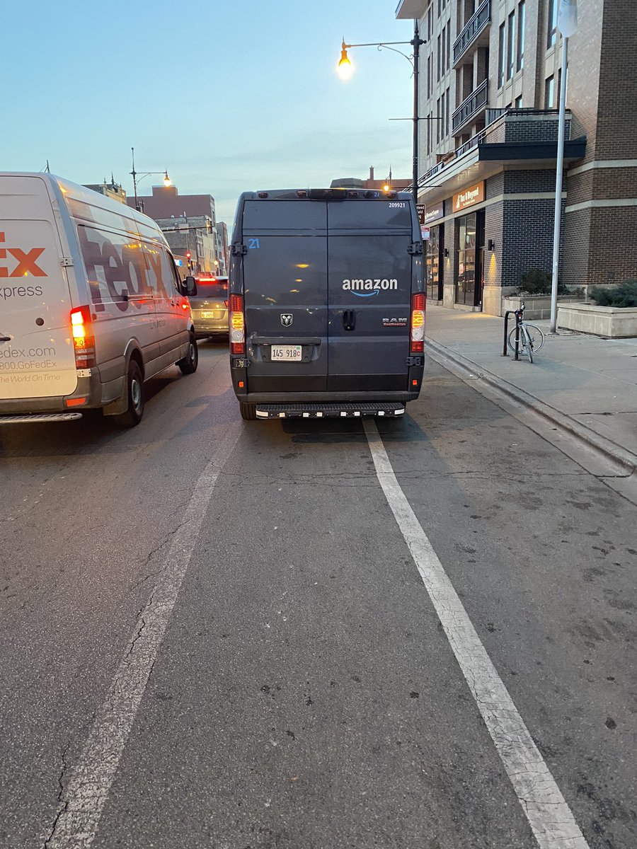 Hey <a href="/HalstedBikeLn/">Halsted Bike Lane</a> got one for you! These <a href="/amazon/">Amazon</a> drivers parked in the bike lane despite there being THREE open spaces available!