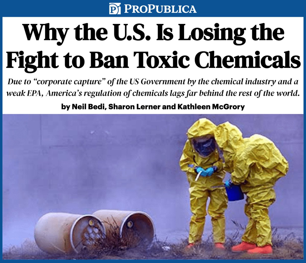 Cancer rates are skyrocketing in the US because the chemical industry writes many of our environmental laws. Thousands of deadly toxins banned throughout the world are legal here. Brilliant article by @ProPublica that you won't see in the NYT.⬇️ propublica.org/article/toxic-…