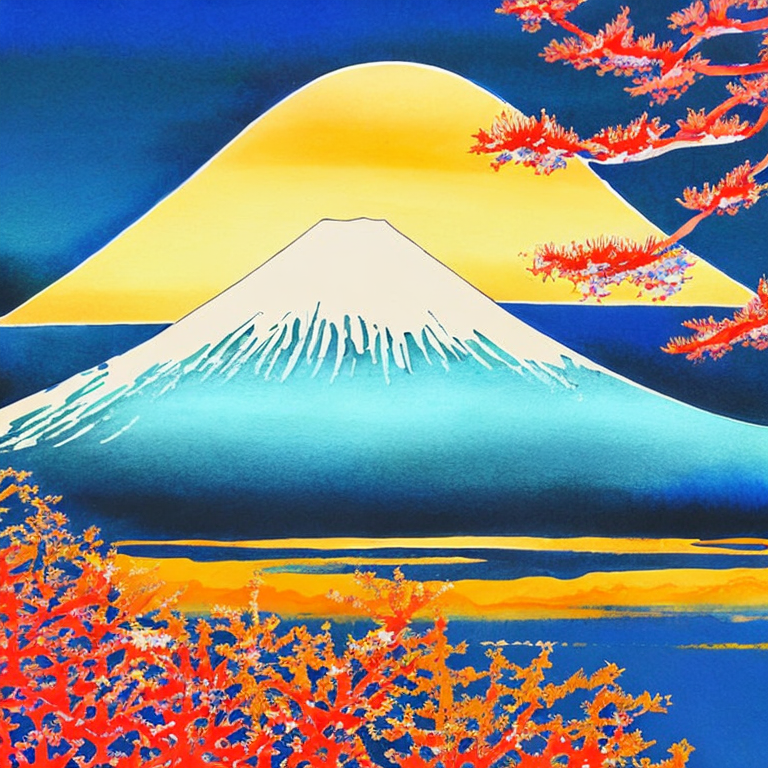 CREAIT_OFFICIAL's tweet photo. Breathtaking landscape of mount Fuji, Japanese style painting, peaceful and serene, vibrant colors, detailed brush strokes, #mount_Fuji #Japanese_style #painting #colors #brush_strokes #aiart #aigeneratedart https://t.co/CCQtPNBv2E