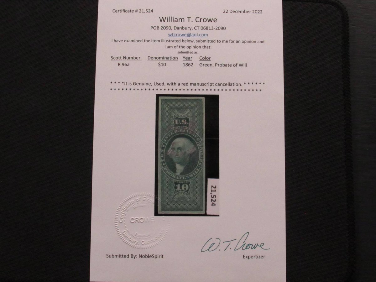NobleSpiritLLC's tweet photo. Featured item of the day, from our current US catalogue sale!
US #96a $10 Probate of Will Imperf Used w/cert =$4,000 CV VF
Auction ends: Thursday, January 19th, at 8:10pm EST
View the auction and bid:
https://t.co/4zQEbVMXXN https://t.co/nIHXpD8MKO