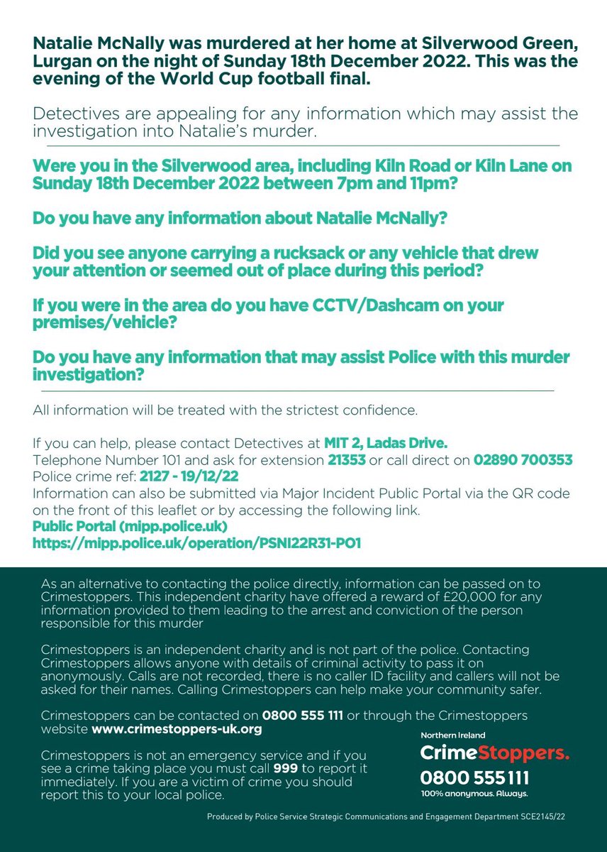 flahertycom's tweet photo. If you know something, saw something, heard something...you could close this.
No detail is too small.
You could be the someone who makes that breakthrough for her wee family who are utterly broken.
#SheWasJustAtHome
#SayHerName
#Natalie https://t.co/qyZx02jh78