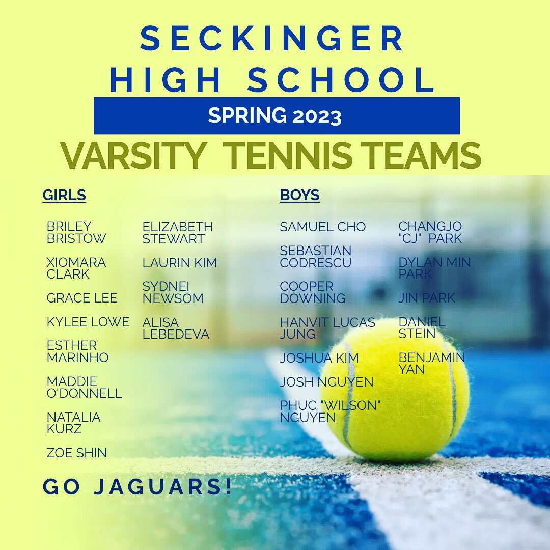 Our tennis roster! Congrats to everyone who made it, and thank you to everyone for making tryouts a great time! If your name is on the list, then practice is tomorrow right after school, 2:30-4:00.
We look forward to seeing Seckinger’s inaugural tennis team out there. Go Jags!!