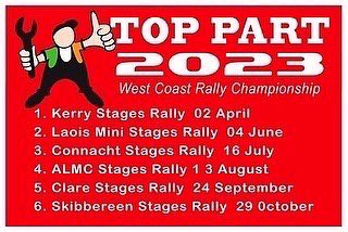 Top Part Championship celebrating 30 years in 2023.
Events
1. Circuit Of Kerry April 2nd,Tralee 
2. Laois Mini Stages June 4th Portlaois 
3. Connacht Stages July 16th Sligo.
4. ALMC Stages August 13th Oldcastle 
5. Clare Stages Sept 24th
6. Skibbereen Fastnet Rally October 29th