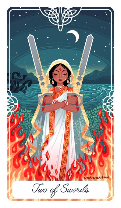 Also, I'm mixed race, and I wanted to create a deck where people of mixed identities could see multiple parts of themselves side by side and appreciated together. Sita from the Ramayana as 2 of SwordsThe Slavic story The Enchanted Pig as 3 of wands 
