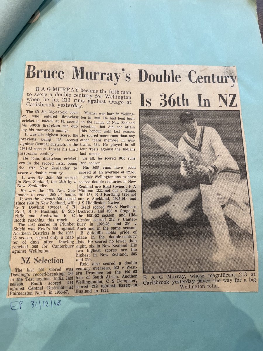 In 1968 I admired BAG (‘Bags’) Murray so much I kept this clipping about his biggest first class cricket score for 55 years. He was a lovely man: I was so pleased to be part of a dozen cricketers &amp; media who had lunch with him in November. RIP Bruce Murray, New Zealand.