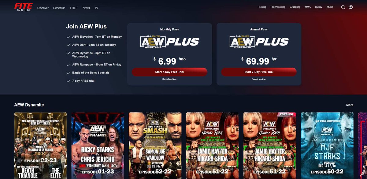 So this is a very cool offer from @FiteTV that I've just found.

The annual #AEWPlus package is now only $69.99 which is significantly cheaper than the monthly deal.

The offer is open until Jan 31st.

Available in the following countries:
🇬🇧🇮🇪🇦🇺🇳🇿

Very good deal to be fair!