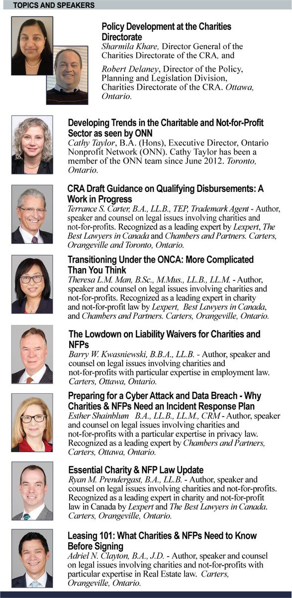 Another value-packed speakers lineup for the <a href="/charityupdate/">Charity Law Update</a> Carters Charity Law team webinar on March 2 (only $25) bit.ly/3IEI1vR with speakers from <a href="/CanRevAgency/">Canada Revenue Agency</a> &amp; <a href="/o_n_n/">Ontario Nonprofit Network</a> !