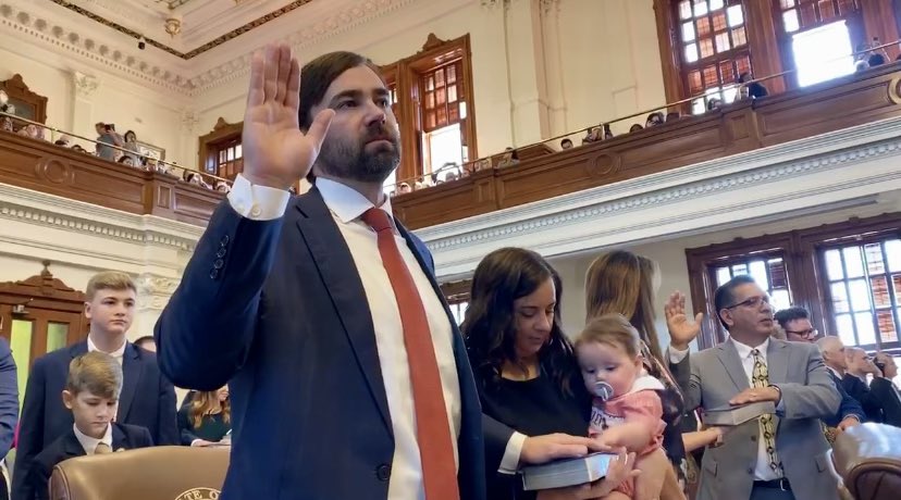 StanGerdesforTX's tweet photo. Today marks the start of the 88th Legislative Session. It was the honor of a lifetime to be sworn-in as your State Rep alongside my family and colleagues. I look forward to cutting property taxes, securing our border, and keeping the Texas economy booming for years to come. https://t.co/NsONHx8ehQ