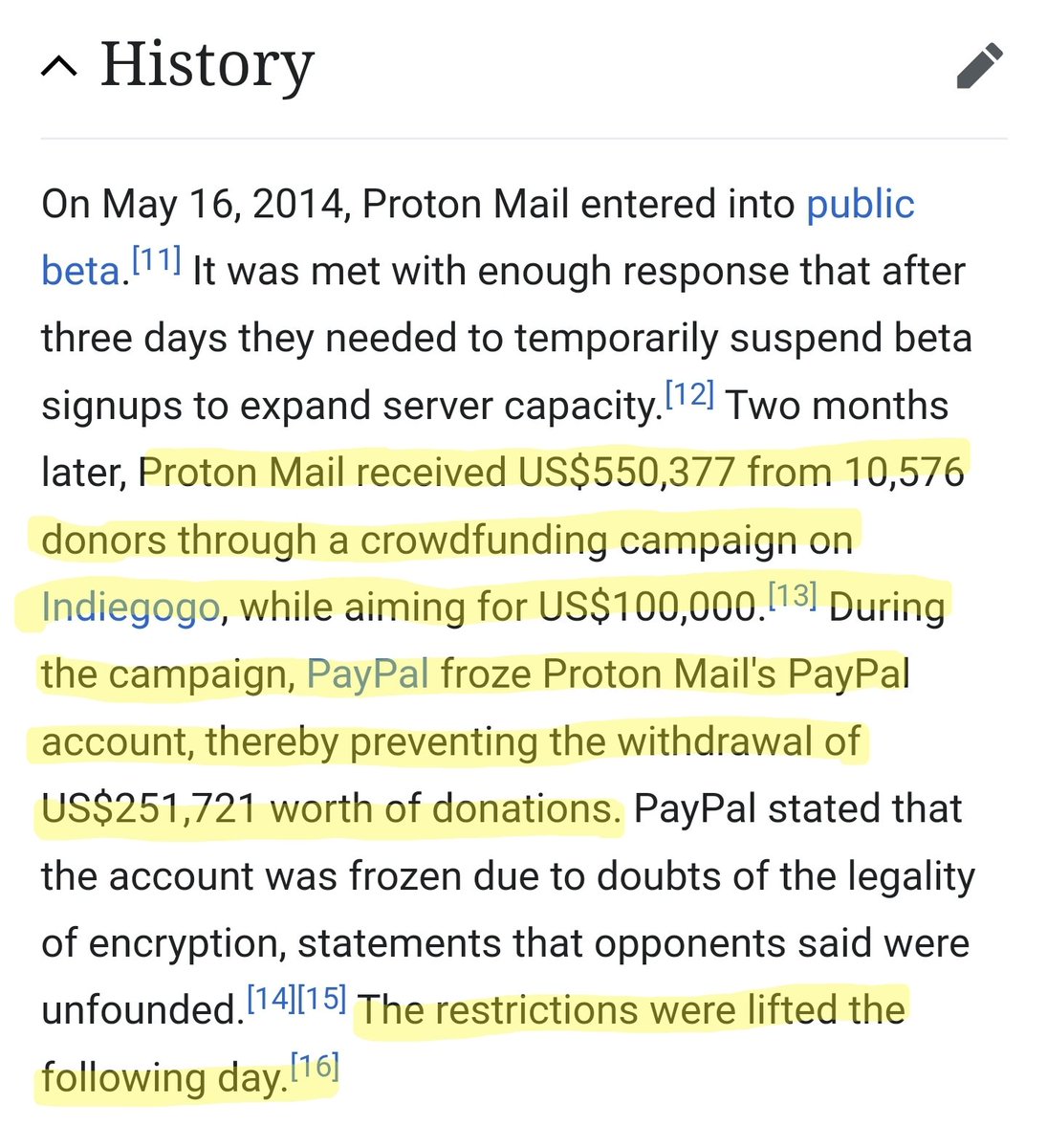 <a href="/219_eth/">219.eth</a> <a href="/0xfoobar/">foobar/</a> <a href="/ProtonMail/">Proton Mail</a> This is crazy!

I've been a protonmail advocate for a few years now with a premium account as well all under the guise of encryption and privacy.

Look what I just found on wiki - 

PayPal did similar to proton way back blocking their PayPal account - now proton are blocking ppl