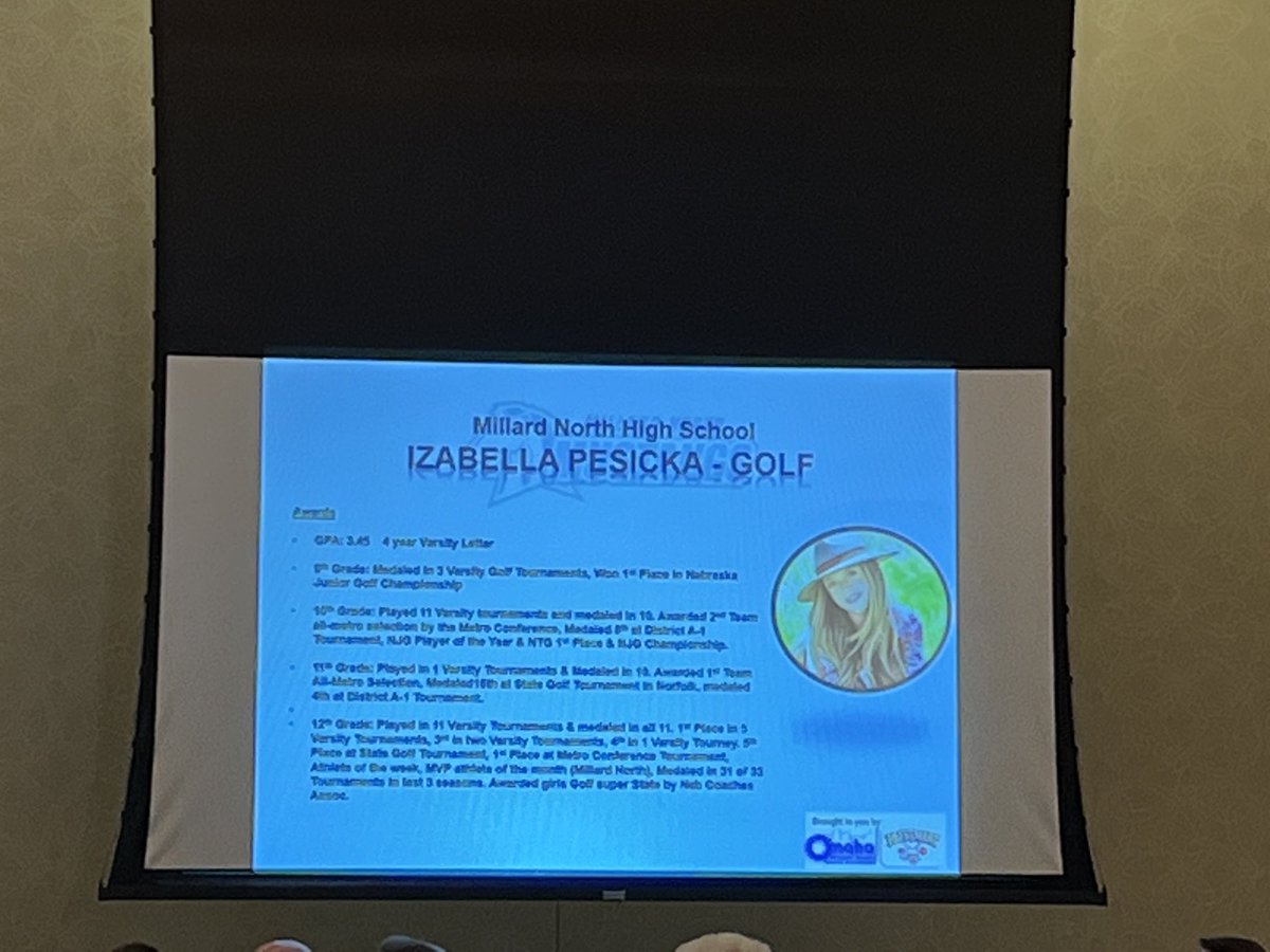 MNHSActivities's tweet photo. What a great lunch today celebrating Bella Pesicka as she was named Female Scholar Athlete for golf @ Greater Omaha Sports Committee Luncheon! ⁦@AaronBearinger⁩ ⁦@GolfMillard⁩ ⁦@tfolkfam⁩ ⁦@MillardNorthHS⁩ https://t.co/KtDFSzJQCi