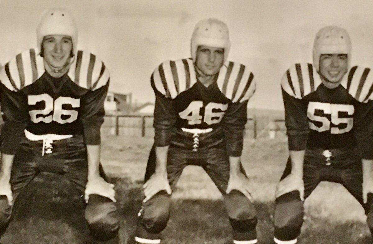 Stampeders1945's tweet photo. Calgary Stampeders players Norm Hill (26), Chick Chikowsky (46) and Bob Leatham (55) pose for photo during 1948 football season. The team would go undefeated at 12-0, beat Saskatchewan in two-game West final and Ottawa Rough Riders 12-7 in Grey Cup for their first championship. https://t.co/yf87ftLGMh