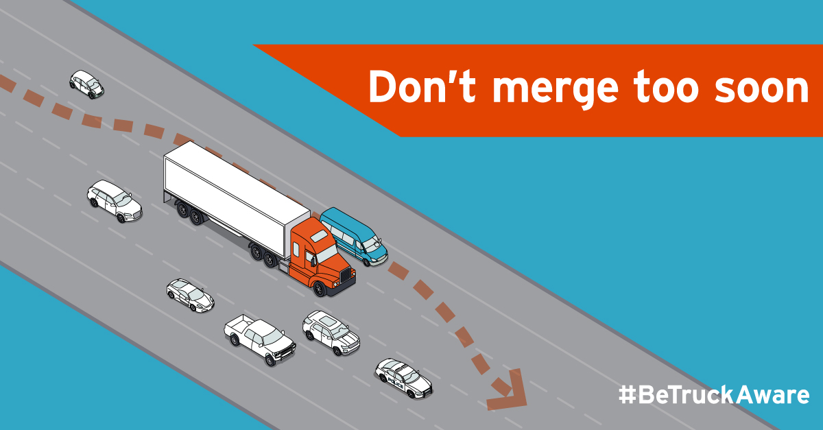 TranBC's tweet photo. Do you leave lots of space when merging in front of commercial transport trucks?

Please do.

A fully loaded transport truck travelling at 65 km/h (40 mph) takes 36 per cent longer to brake and stop than a passenger car travelling at the same speed. #BeTruckAware https://t.co/t4Vo1kYLeg