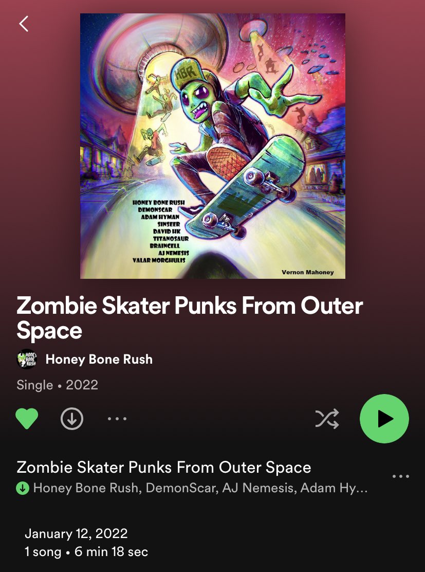 ⭐️ So this Thursday January 12th will be the 1 year anniversary of #ZombieSkaterPunksFromOuterSpace 
Along with @HoneyBoneRush @DemonScarNYC @_DavidHK @OfficialValar @nemesis_aj @sinseermusic @titanosaurrocks @Braincell_band @AdamH1966 A metal collaboration for @SliceOutHunger