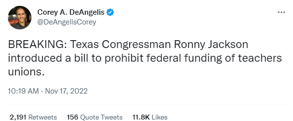 ObserverTexas's tweet photo. Noted moron &amp; TX embarrassment, Ronny (Dr Feelgood) Jackson, a performative politician at best, files a bill to prevent teachers from using their own paycheck to join organizations to represent them. There's NO federal funding of unions, as he would mislead you to believe. #GOP https://t.co/HsDt3bMXgt