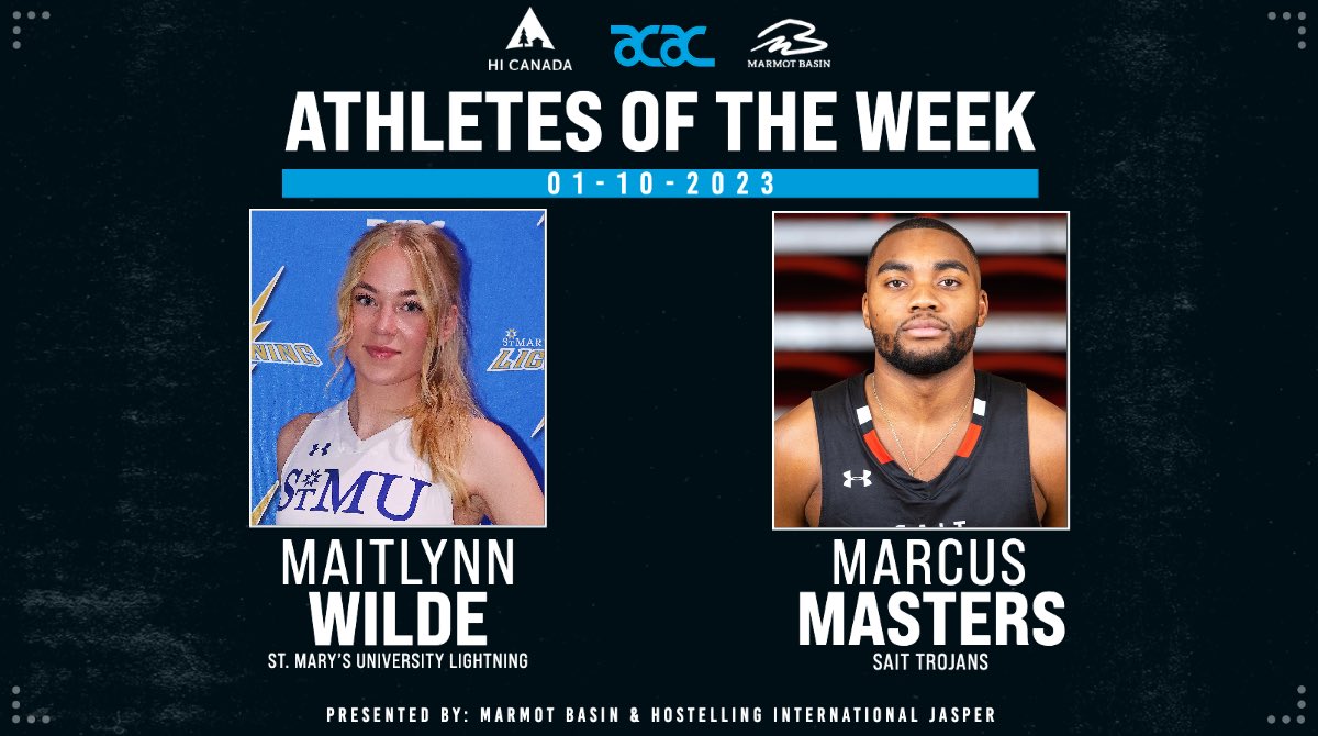 ACAC (@acac_sport) on Twitter photo AOTW | Congratulations to these student-athletes on being named the ACAC <a href="/MarmotBasin/">Marmot Basin</a> & <a href="/HI_JasperHostel/">HI_JasperHostel</a> Athletes of the Week! 👏
Maitlynn Wilde, WBB, <a href="/stmuathletics/">St. Mary's University Lightning Athletics</a> ⚡️
Marcus Masters, MBB, <a href="/SAIT_Trojans/">SAIT Trojans</a> ⚔️
FULL STORIES ➡️ acacab.prestosports.com/aotw/archive
#ACACsport AOTW | Congratulations to these student-athletes on being named the ACAC <a href="/MarmotBasin/">Marmot Basin</a> & <a href="/HI_JasperHostel/">HI_JasperHostel</a> Athletes of the Week! 👏
Maitlynn Wilde, WBB, <a href="/stmuathletics/">St. Mary's University Lightning Athletics</a> ⚡️
Marcus Masters, MBB, <a href="/SAIT_Trojans/">SAIT Trojans</a> ⚔️
FULL STORIES ➡️ acacab.prestosports.com/aotw/archive
#ACACsport