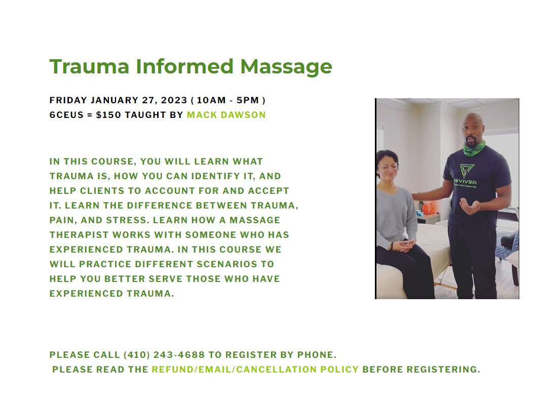 Trauma Informed Massage w/ Mack Dawson Jan.27th -Call 410-243-4688 to register mailchi.mp/58b9f77515d0/t…