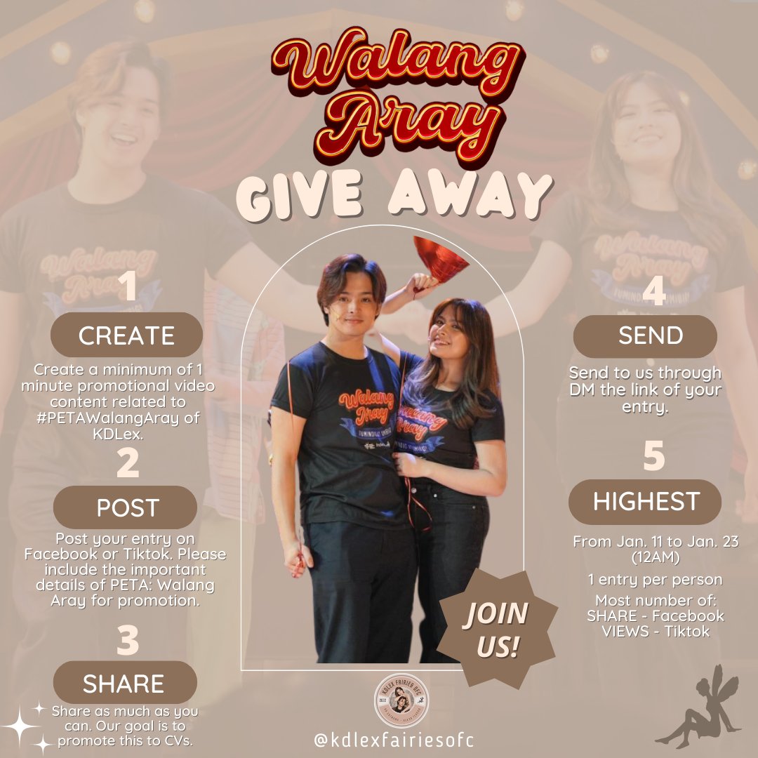 📢 KDLEXFAIRIES OFC - GIVEAWAY ALERT!  🚨

As a celebration for our 1st Anniversary last Jan. 9, we will be giving away 6 Walang Aray Balcony Side tickets!

Make sure you'll follow the mechanics below as we will be checking this.♡

The winners will be announced on Jan.23

#KDLex