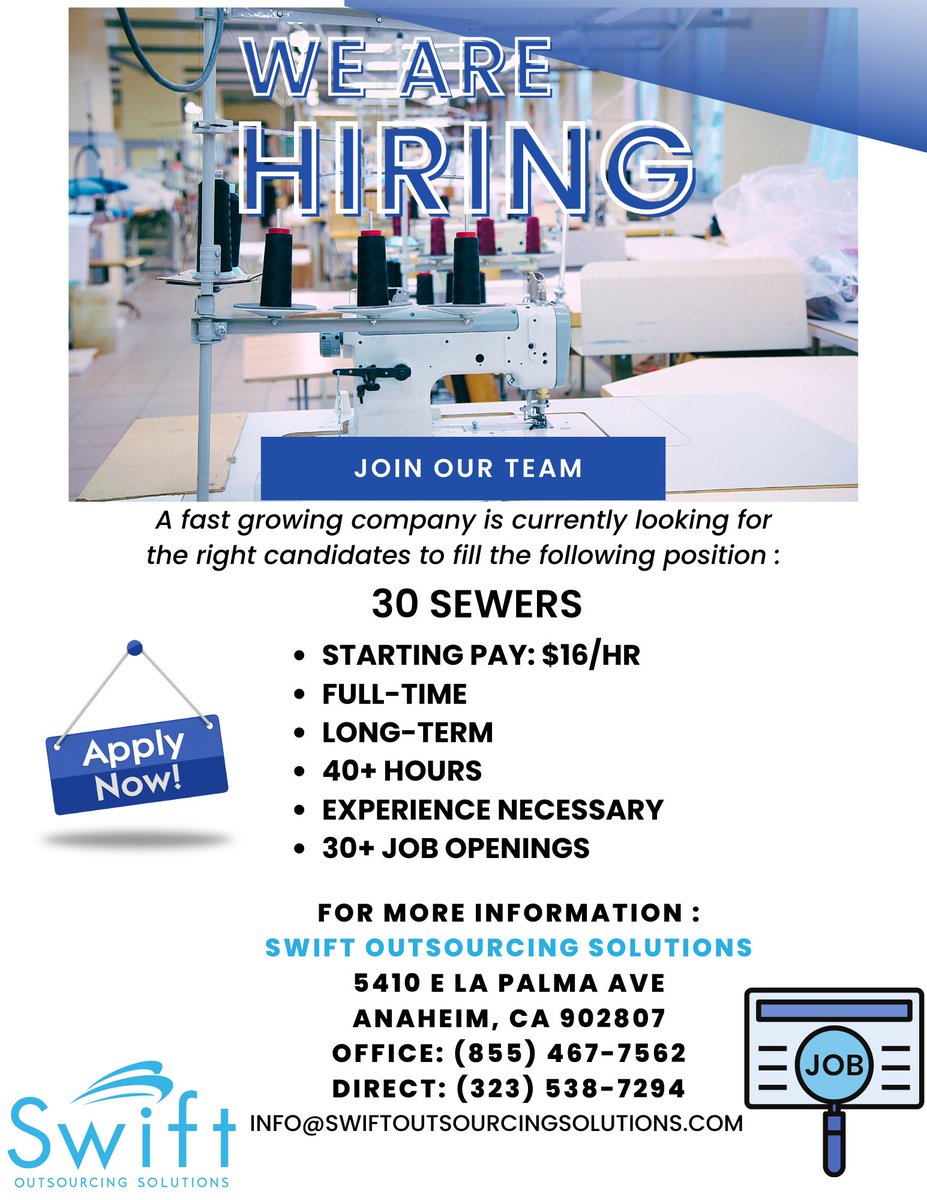 SwiftOS21's tweet photo. SOS is hiring for Sewers! Experience is a must. For more information call (855)-476-7562 #sos #staffingagency #swiftoutsourcingsolutions #readytowork #llamanos #hiring #jobhunt #trabajosdisponibles #applytoday #gethired #aplicahoy #SOS #applications #sosteam https://t.co/IZ2HTaEtlK