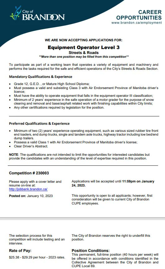 City of Brandon is Hiring for Equipment Operator Level 3
Come see us at the Brandon Friendship Centre to see how to apply!