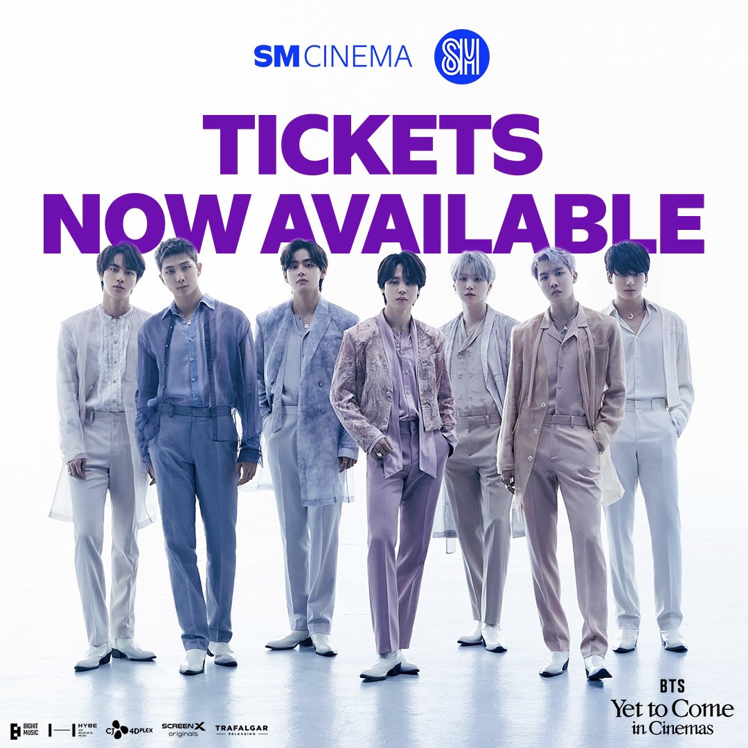 Daebak! 🥺 Army PH, this is it! Tickets for #BTSYetToComeInCinemas are now available! 💜

You can also walk-in to your preferred SM Cinema branch at 10AM following mall hours. 

#BTS 
#BTSYetToComeAtSMCinema
#SMCinema