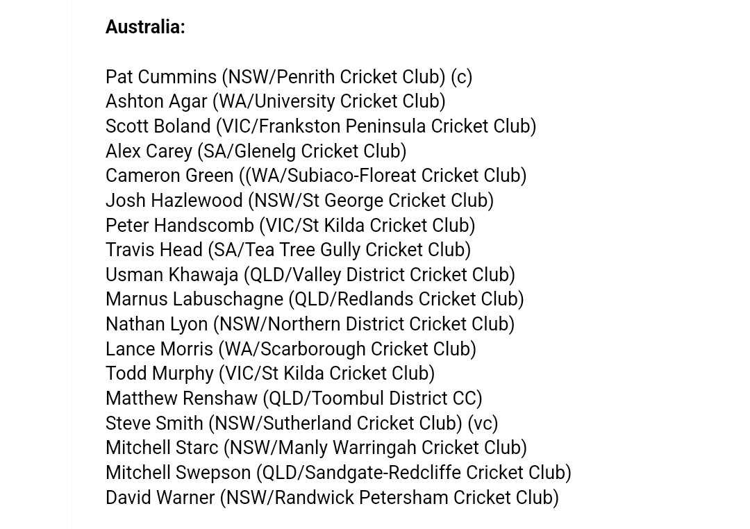 JonoBaruch's tweet photo. 🚨 Australia's squad to India has been named.

4 spinners included, with Mitch Swepson, Ash Agar and Todd Murphy to work with Nathan Lyon. Peter Handscomb, as foreshadowed is back, as is Matt Renshaw. Starc &amp; Green named despite inj concerns, both touch and go for Test 1 #INDvAUS https://t.co/10jY0Vk5pC