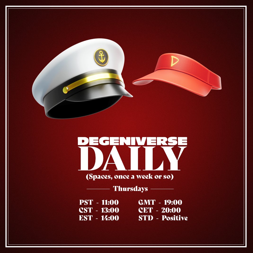 DegenApeAcademy's tweet photo. Degeniverse Daily, a weekly Twitter Space, starts this Thursday.

Hosted by @DegenService, with his lovely assistant @Sea_Eoh, who’ll be fielding questions, talking big picture, and reading out the weirdest shit you’ve sent @NickyScanz that week (DMs open).

See you there. https://t.co/QMRiRtwyXy