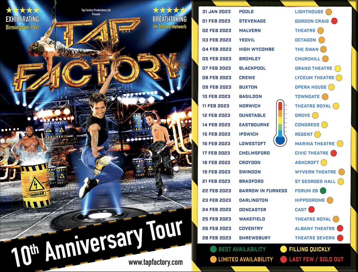 TapFactoryShow's tweet photo. 🚧Let's take the temperature in the UK, it heats up quickly, don't wait, book the best or even sometimes the last tickets 🙂!🚧
#tapfactory #10yearsanniversary #uktour #soon https://t.co/qvdD0cQkuA