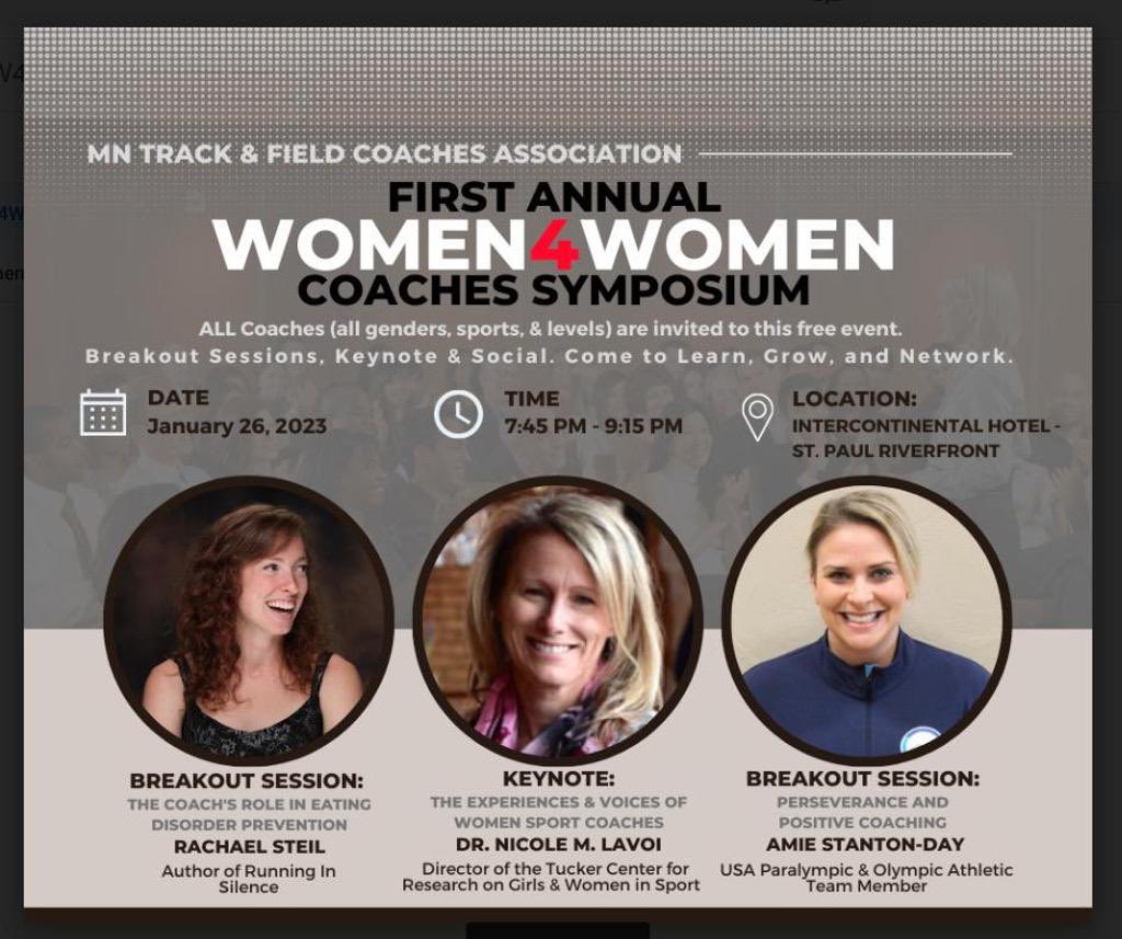 MN Women4Women Coaches Symposium:

1.It is a FREE event for ALL coaches!
2.Male coaches are also invited because we need ally coaches!
3.Registration/Schedule: Go to mshsca.org/trackclinic 
We can't wait to see you there!

#women4women
#shecancoach
