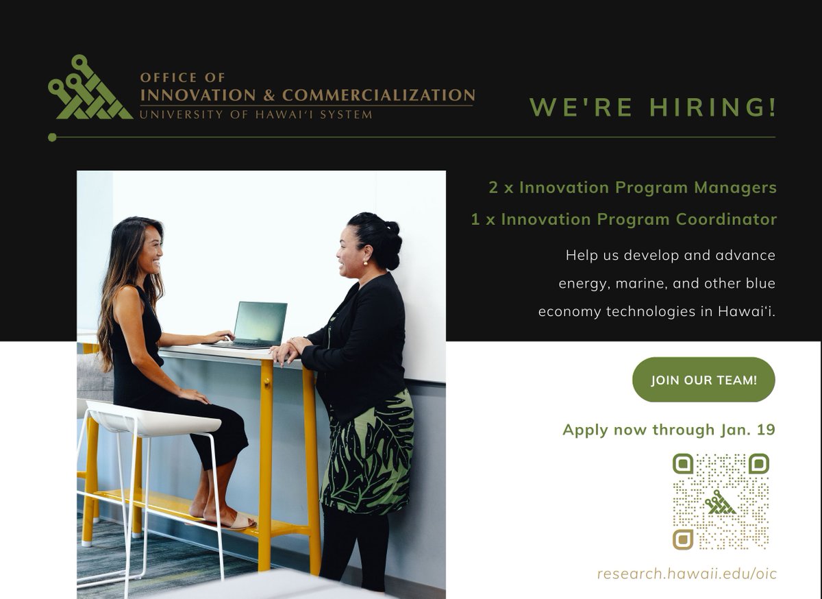 InnovationUh's tweet photo. JOIN OUR TEAM! We are looking for motivated, experienced professionals to help manage and coordinate two new innovation initiatives. Become a key member of our dynamic team. Learn more and APPLY BY JAN. 19 at https://t.co/isjhqoIc7a. #innovation #UH #innovate #UHinnovation #tech https://t.co/RUwD75ZkmR