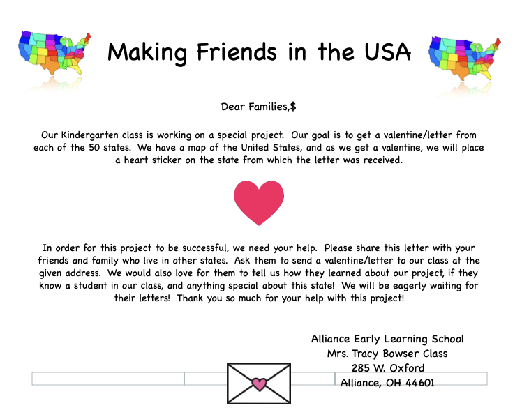Hello Twitter Family! 
It's that time to send Valentine cards to our kindergarten class from across the world! If you or anyone you know would be willing to send us a card we would be so grateful.Thank you in advance.Please share. Alliance Early Learning School
Mrs. Tracy Bowser